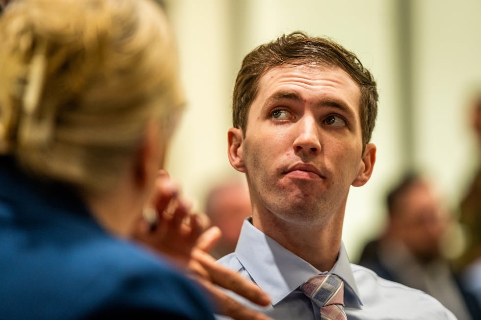 FILE - Tyler Robinson, who is accused of fatally shooting Charlie Kirk, appears during a...