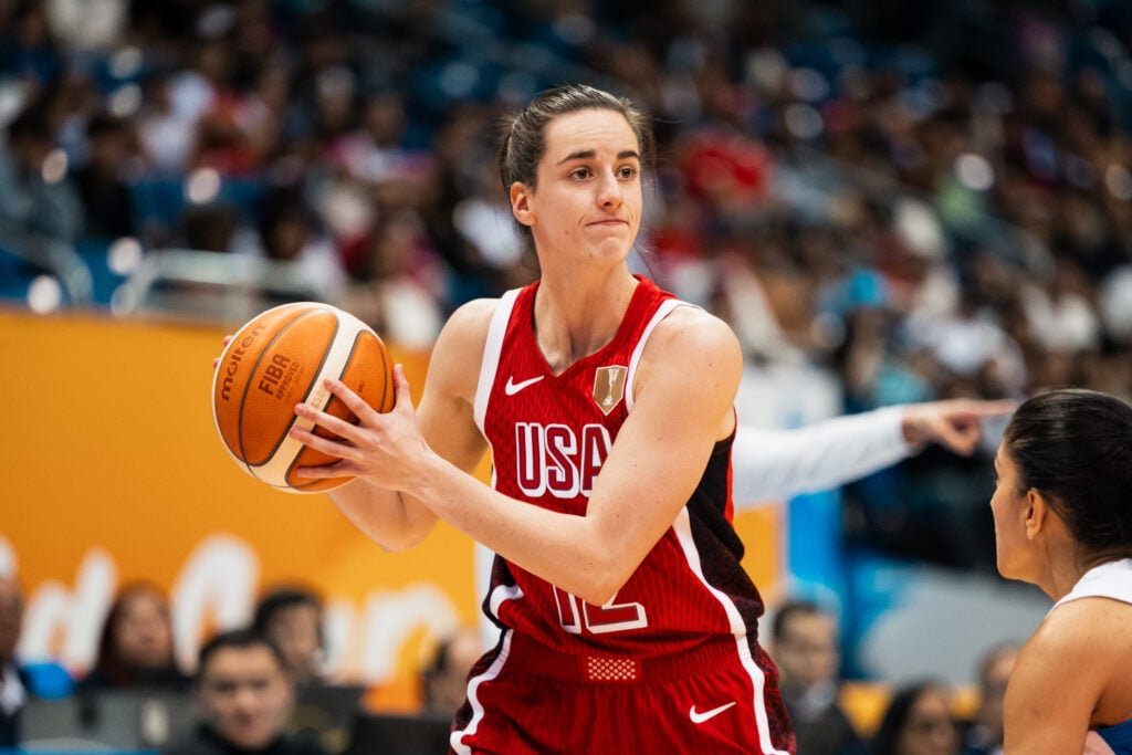 Caitlin Clark of USA looks to drive during the Women's World Cup 2026 Qualifier between Puerto Rico and USA at the Coliseo de Puerto Rico José Miguel Agrelot