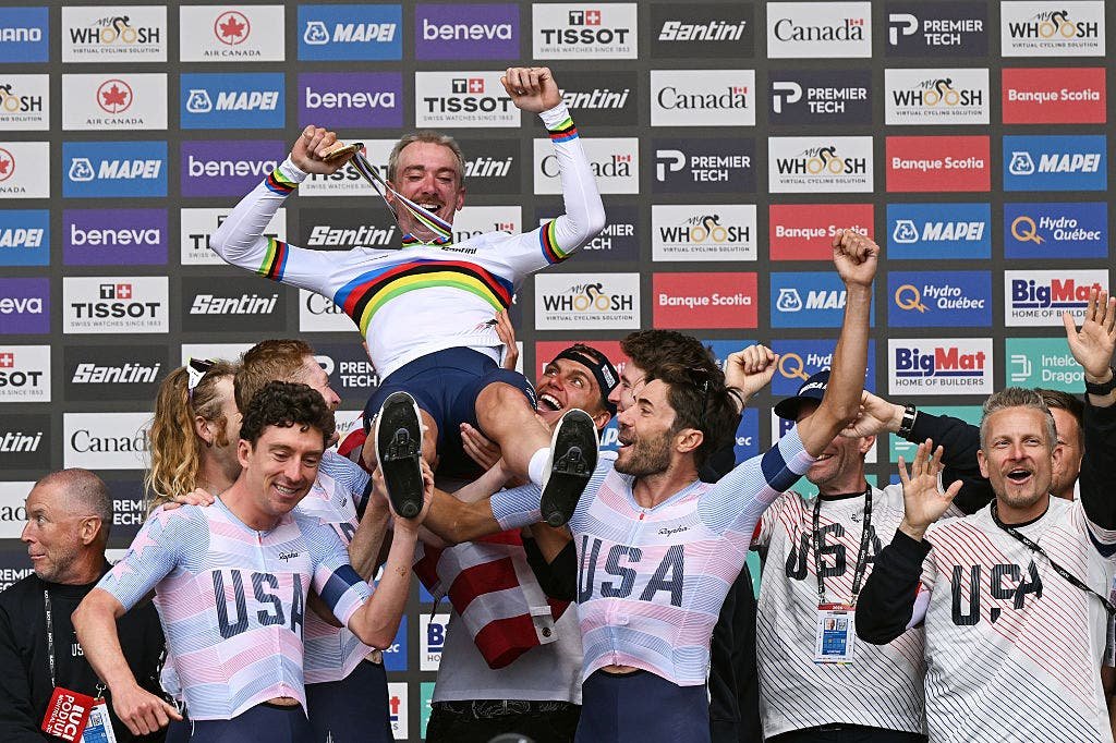 Team USA celebrates victory with McNulty at the 2026 UCI Road World Championships.