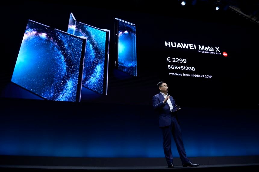 Richard Yu, the CEO of Huawei's consumer products division presents the new HUAWEI Mate X foldable smartphone at the Mobile World Congress (MWC), on the eve of the world's biggest mobile fair, on February 24, 2019 in Barcelona.