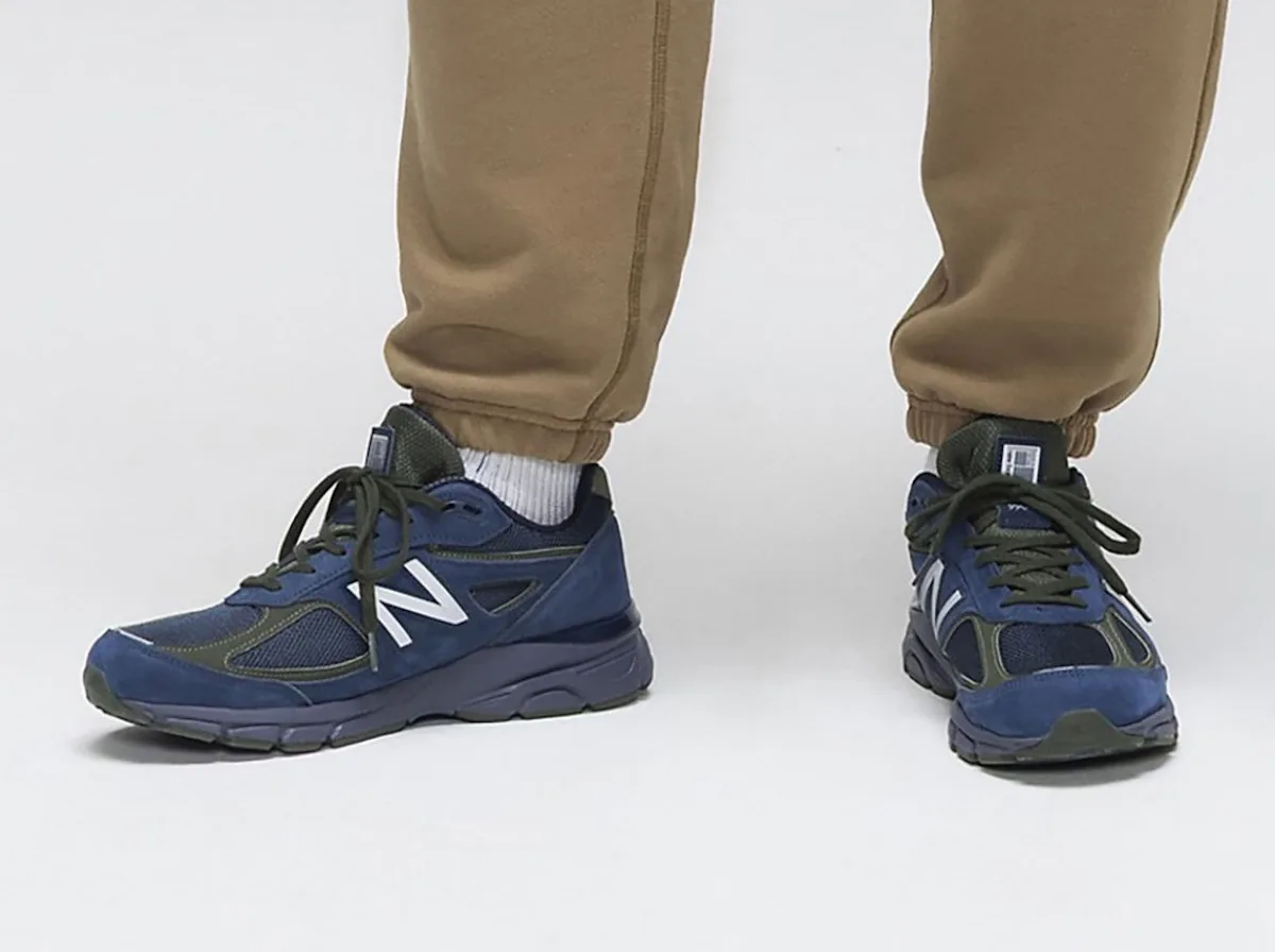 on-foot pair, lateral view, navy suede with olive green overlays and white N logo, New Balance 990v4 Made in USA