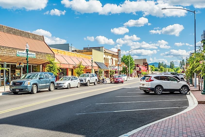 First Avenue through downtown Sandpoint, Idaho, on a summer day