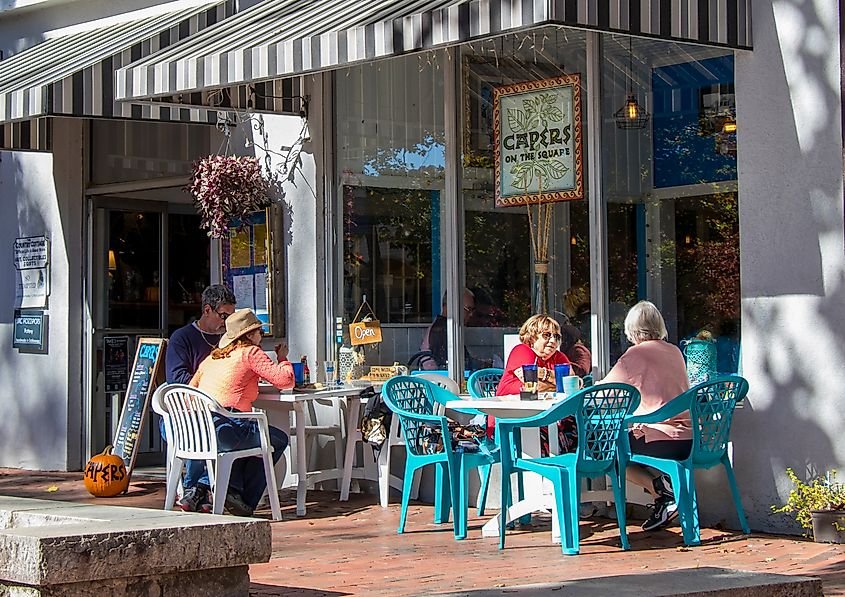 People enjoying lunch at a restaurant on the historic public square in Dahlonega, Georgia.