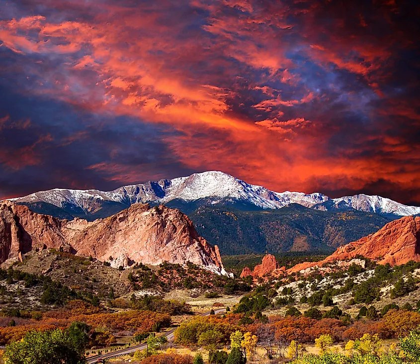 Pikes Peak rising above the Garden of the Gods in Colorado.
