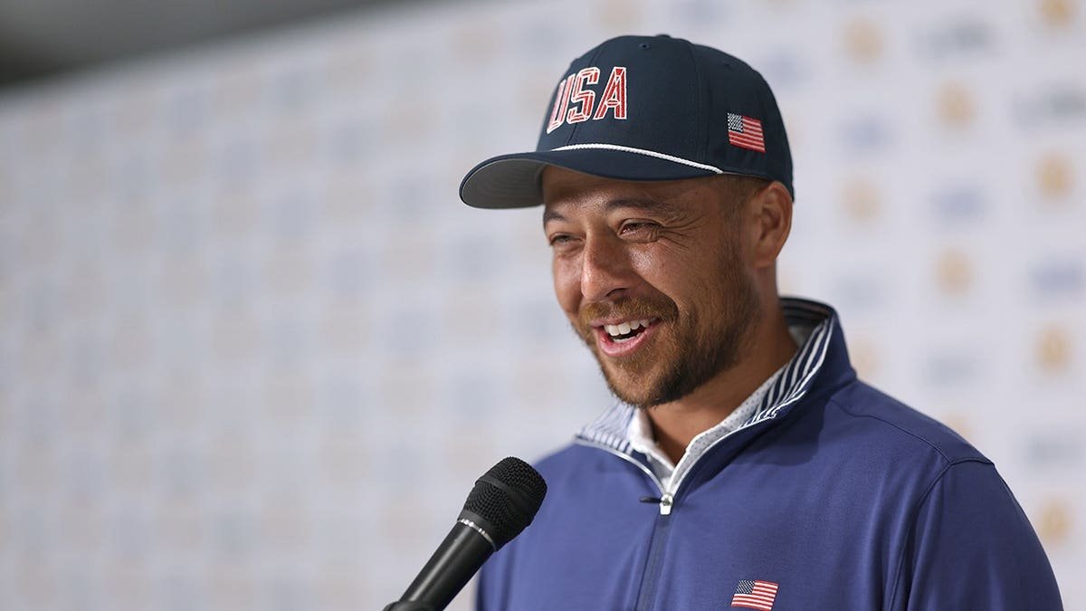 Xander Schauffele speaks at a press conference in Medinah, Illinois.