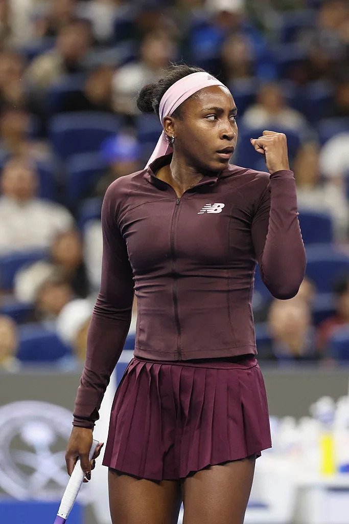 BEIJING, CHINA - OCTOBER 05: Coco Gauff of the United States reacts against  Xinran Sun of China in the Women's Singles Third Round match on day six of China Open at the National Tennis Center on October 05, 2026 in Beijing, China. (Photo by Lintao Zhang/Getty Images)
