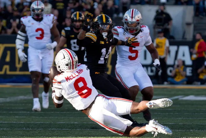 Ohio State Buckeyes safety Jaylen McClain (8) intercepts a pass during a Big Ten college football game against the Iowa Hawkeyes Oct. 3, 2026 at Kinnick Stadium in Iowa City, Iowa.