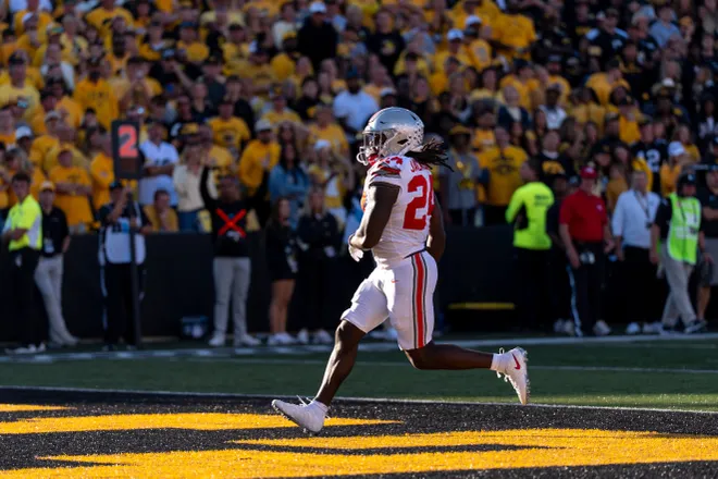 Ohio State Buckeyes running back Ja'kobi Jackson (24) rushes into the endzone to score against the Iowa Hawkeyes during a Big Ten college football game Oct. 3, 2026 at Kinnick Stadium in Iowa City, Iowa.