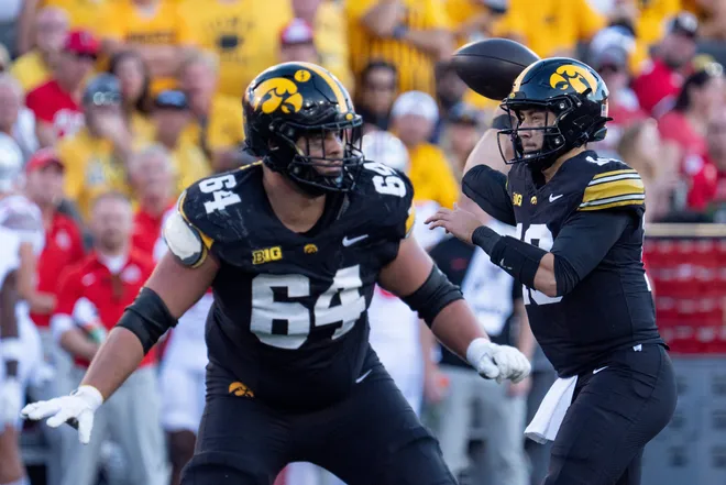 Iowa Hawkeyes quarterback Jeremy Hecklinski (10) throws a pass during a Big Ten college football game against the Ohio State Buckeyes Oct. 3, 2026 at Kinnick Stadium in Iowa City, Iowa.