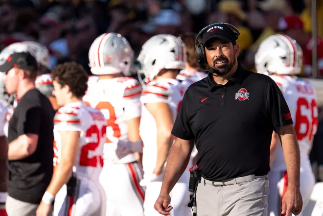 Ohio State Buckeyes head coach Ryan Day is pictured during a Big Ten college football game against the Iowa Hawkeyes Oct. 3, 2026 at Kinnick Stadium in Iowa City, Iowa.