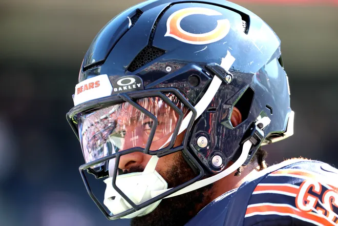 Oct 4, 2026; Chicago, Illinois, USA;  Chicago Bears defensive line Montez Sweat (98) during warmups before the game against the New York Jets at Soldier Field.  Mandatory Credit: Mike Dinovo-Imagn Images