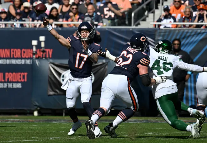 Oct 4, 2026; Chicago, Illinois, USA;  Chicago Bears quarterback Tyson Bagent (17) passes the ball against the New York Jets during the first quarter at Soldier Field.  Mandatory Credit: Matt Marton-Imagn Images