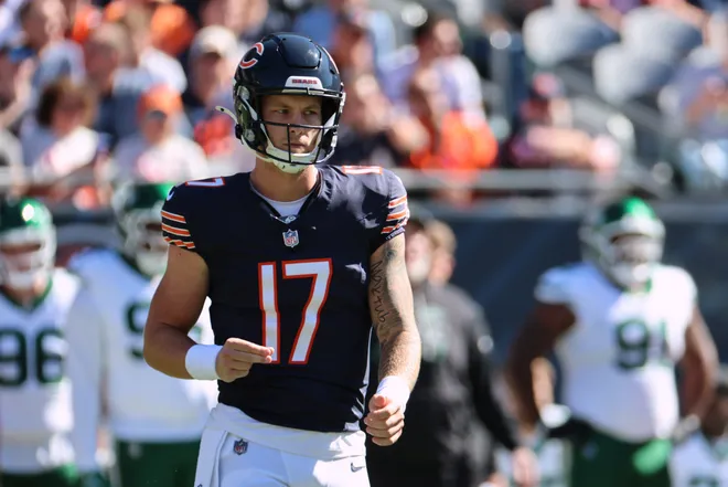 Oct 4, 2026; Chicago, Illinois, USA;  Chicago Bears quarterback Tyson Bagent (17) walks on the field after a play against the New York Jets during the first quarter at Soldier Field.  Mandatory Credit: Mike Dinovo-Imagn Images