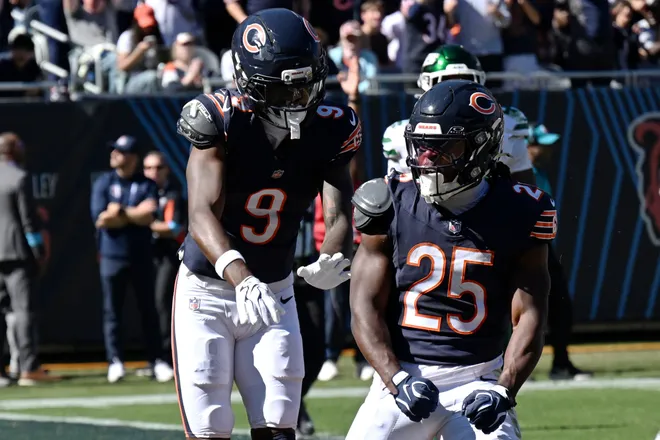 Oct 4, 2026; Chicago, Illinois, USA;  Chicago Bears running back Kyle Monangai (25) celebrates with wide receiver Jahdae Walker (9) after scoring a touchdown during the first quarter against the New York Jets at Soldier Field.  Mandatory Credit: Matt Marton-Imagn Images