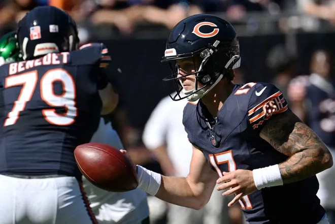 Oct 4, 2026; Chicago, Illinois, USA;  Chicago Bears quarterback Tyson Bagent (17) looks to hand off the ball against the New York Jets during the second quarter at Soldier Field.  Mandatory Credit: Matt Marton-Imagn Images