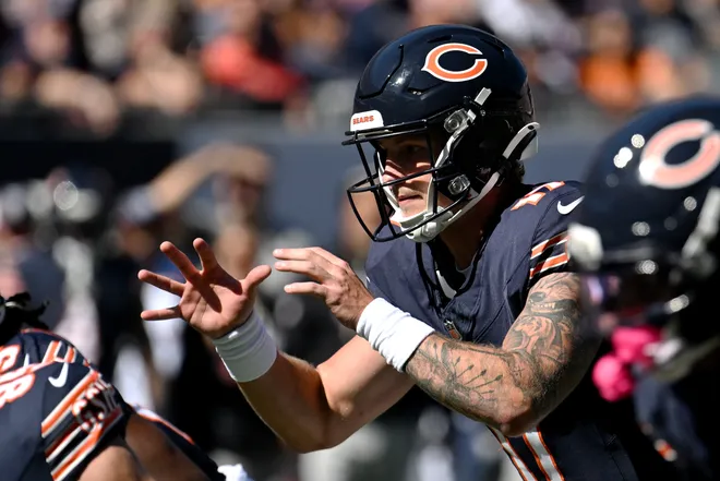 Oct 4, 2026; Chicago, Illinois, USA;  Chicago Bears quarterback Tyson Bagent (17) prepares for the snap against the New York Jets during the first quarter at Soldier Field.  Mandatory Credit: Matt Marton-Imagn Images