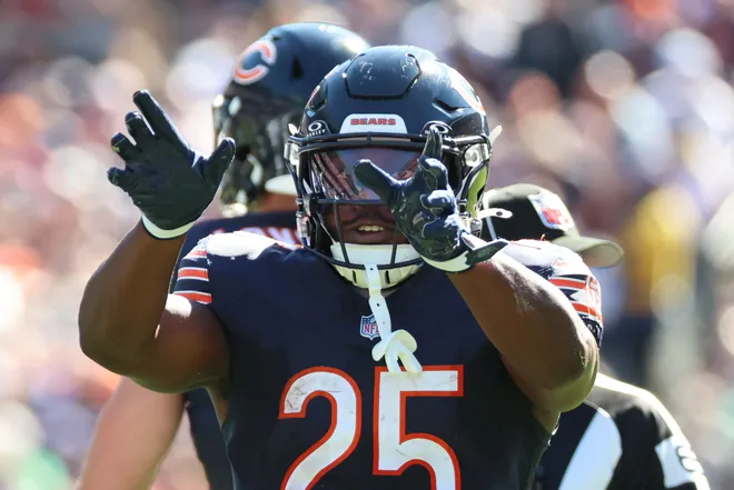 Oct 4, 2026; Chicago, Illinois, USA;  Chicago Bears running back Kyle Monangai (25) reacts after a play against the New York Jets during the second quarter at Soldier Field.  Mandatory Credit: Mike Dinovo-Imagn Images