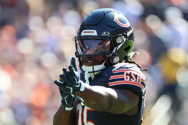 Oct 4, 2026; Chicago, Illinois, USA;  Chicago Bears running back Kyle Monangai (25) reacts after a play against the New York Jets during the second quarter at Soldier Field.  Mandatory Credit: Mike Dinovo-Imagn Images