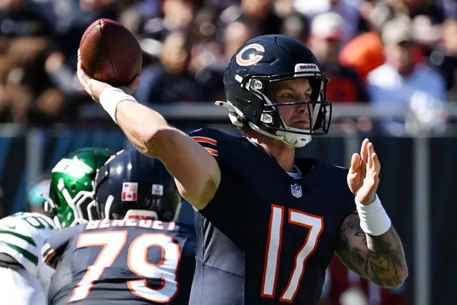 Oct 4, 2026; Chicago, Illinois, USA;  Chicago Bears quarterback Tyson Bagent (17) passes the ball against the New York Jets during the second quarter at Soldier Field.  Mandatory Credit: Matt Marton-Imagn Images