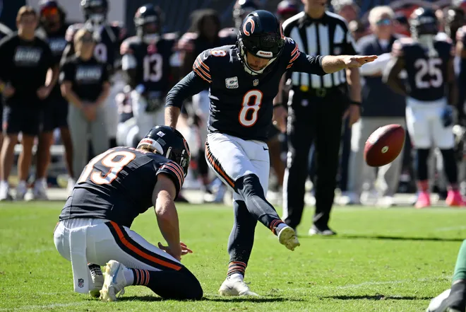 Oct 4, 2026; Chicago, Illinois, USA;  Chicago Bears kicker Cairo Santos (8) kicks a field goal against the New York Jets during the second quarter at Soldier Field.  Mandatory Credit: Matt Marton-Imagn Images