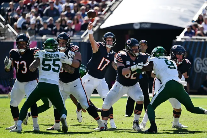 Oct 4, 2026; Chicago, Illinois, USA;  Chicago Bears quarterback Tyson Bagent (17) passes the ball against the New York Jets during the second quarter at Soldier Field.  Mandatory Credit: Matt Marton-Imagn Images