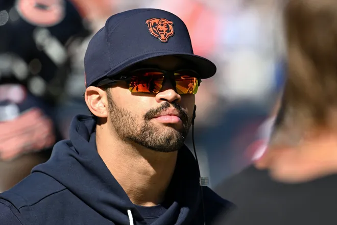 Oct 4, 2026; Chicago, Illinois, USA;  Chicago Bears quarterback Caleb Williams (18) walks on the sideline during the third quarter of their game against the New York Jets at Soldier Field.  Mandatory Credit: Matt Marton-Imagn Images