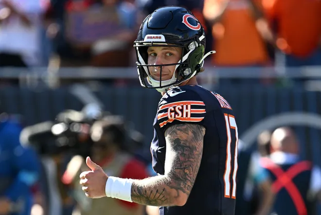 Oct 4, 2026; Chicago, Illinois, USA;  Chicago Bears quarterback Tyson Bagent (17) gives a thumbs up after the game against the New York Jets at Soldier Field.  Mandatory Credit: Matt Marton-Imagn Images