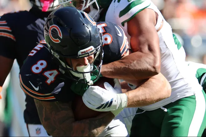 Oct 4, 2026; Chicago, Illinois, USA;  Chicago Bears tight end Colston Loveland (84) runs with the ball against New York Jets safety Minkah Fitzpatrick (29) during the second half at Soldier Field.  Mandatory Credit: Mike Dinovo-Imagn Images