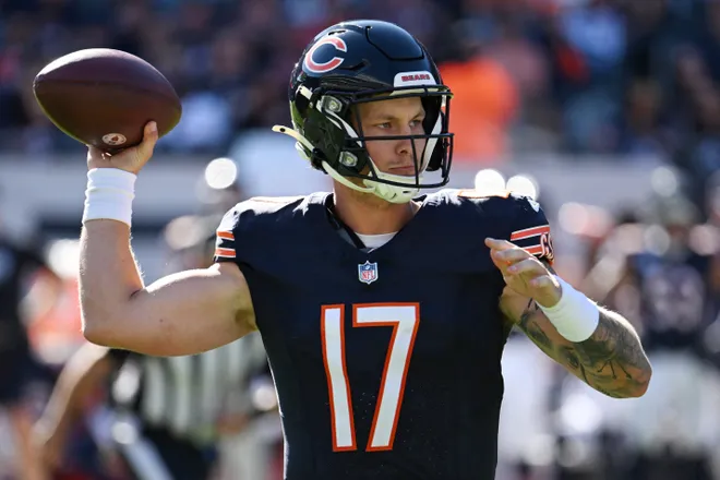 Oct 4, 2026; Chicago, Illinois, USA;  Chicago Bears quarterback Tyson Bagent (17) passes the ball against the New York Jets during the second half at Soldier Field.  Mandatory Credit: Matt Marton-Imagn Images