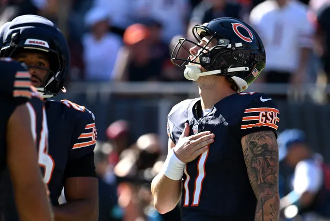 Oct 4, 2026; Chicago, Illinois, USA;  Chicago Bears quarterback Tyson Bagent (17) reacts after the game against the New York Jets at Soldier Field.  Mandatory Credit: Matt Marton-Imagn Images