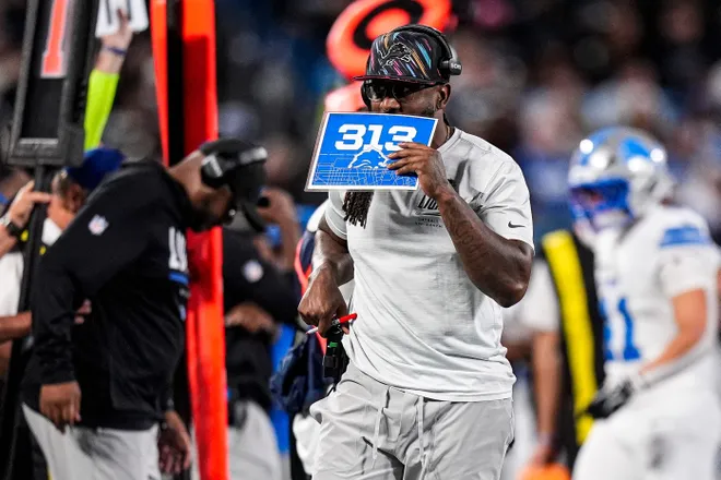 Detroit Lions defensive coordinator Kelvin Sheppard on the sideline during the first half against Carolina Panthers at Bank of America Stadium in Charlotte on Sunday, Oct. 4, 2026.