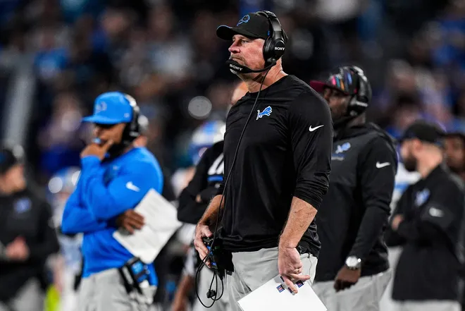 Detroit Lions head coach Dan Campbell watches a play against the Carolina Panthers during the second half at Bank of America Stadium in Charlotte on Sunday, Oct. 4, 2026.
