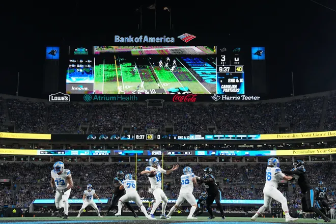 Oct 4, 2026; Charlotte, North Carolina, USA;  Detroit Lions quarterback Jared Goff (16) passes the ball against the Carolina Panthers during the first quarter at Bank of America Stadium.  Mandatory Credit: Bob Donnan-Imagn Images
