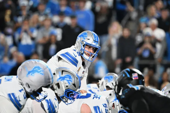 Oct 4, 2026; Charlotte, North Carolina, USA;  Detroit Lions quarterback Jared Goff (16) calls a play at the line of scrimmage against the Carolina Panthers during the second quarter at Bank of America Stadium.  Mandatory Credit: Bob Donnan-Imagn Images