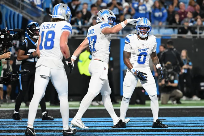 Oct 4, 2026; Charlotte, North Carolina, USA;  Detroit Lions tight end Sam LaPorta (87) celebrates after scoring a touchdown against the Carolina Panthers during the fourth quarter at Bank of America Stadium.  Mandatory Credit: Bob Donnan-Imagn Images