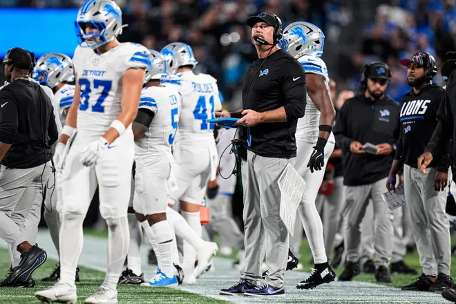 Detroit Lions head coach Dan Campbell looks on before a play against the Carolina Panthers during the second half at Bank of America Stadium in Charlotte on Sunday, Oct. 4, 2026.