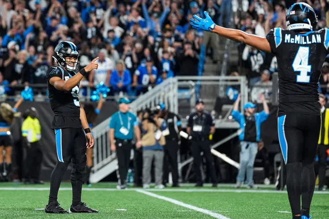 Carolina Panthers quarterback Bryce Young (9) celebrates a touchdown against the Detroit Lions during the second half at Bank of America Stadium in Charlotte on Sunday, Oct. 4, 2026.