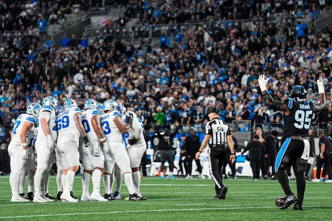 Detroit Lions huddle before a play against the Carolina Panthers during the second half at Bank of America Stadium in Charlotte on Sunday, Oct. 4, 2026.
